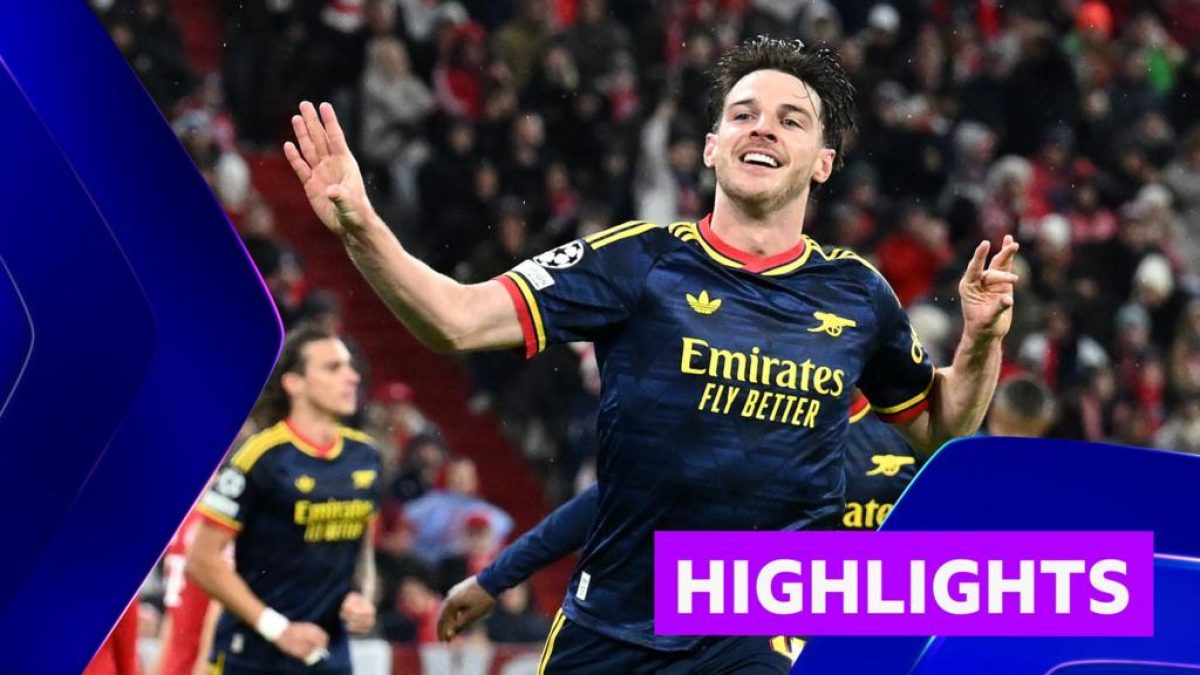 Declan Rice celebrating after scoring a late equaliser for Arsenal against Bayern Munich in the Champions League