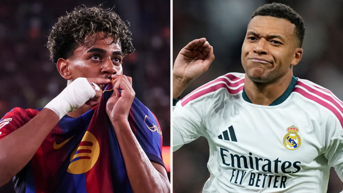 Kylian Mbappe celebrates after scoring for Real Madrid against Barcelona in the Clasico