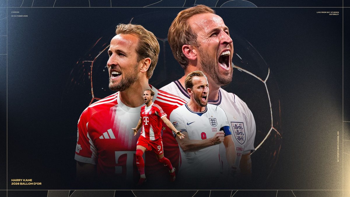 Harry Kane holding the 2026 Ballon d'Or trophy