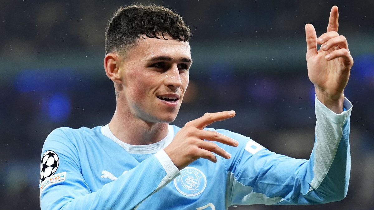 Phil Foden celebrating after scoring for Manchester City against AEK Athens at the Etihad Stadium