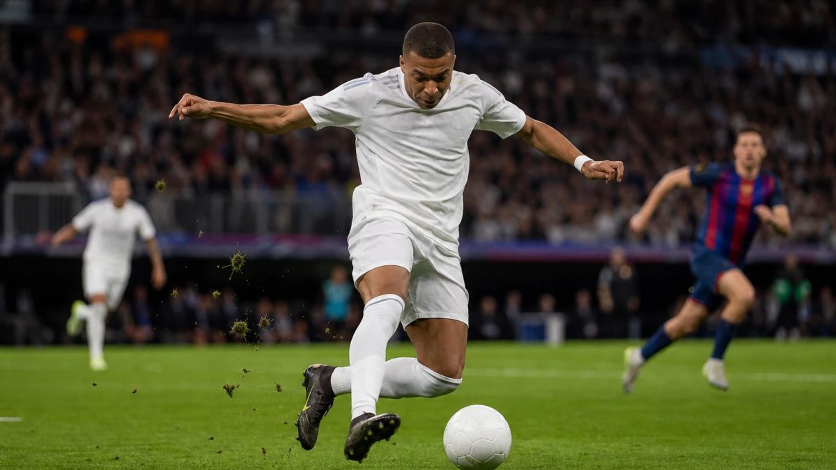 Football scene accompanying: Mbappé double gives Real Madrid late El Clasico win at Barcelona