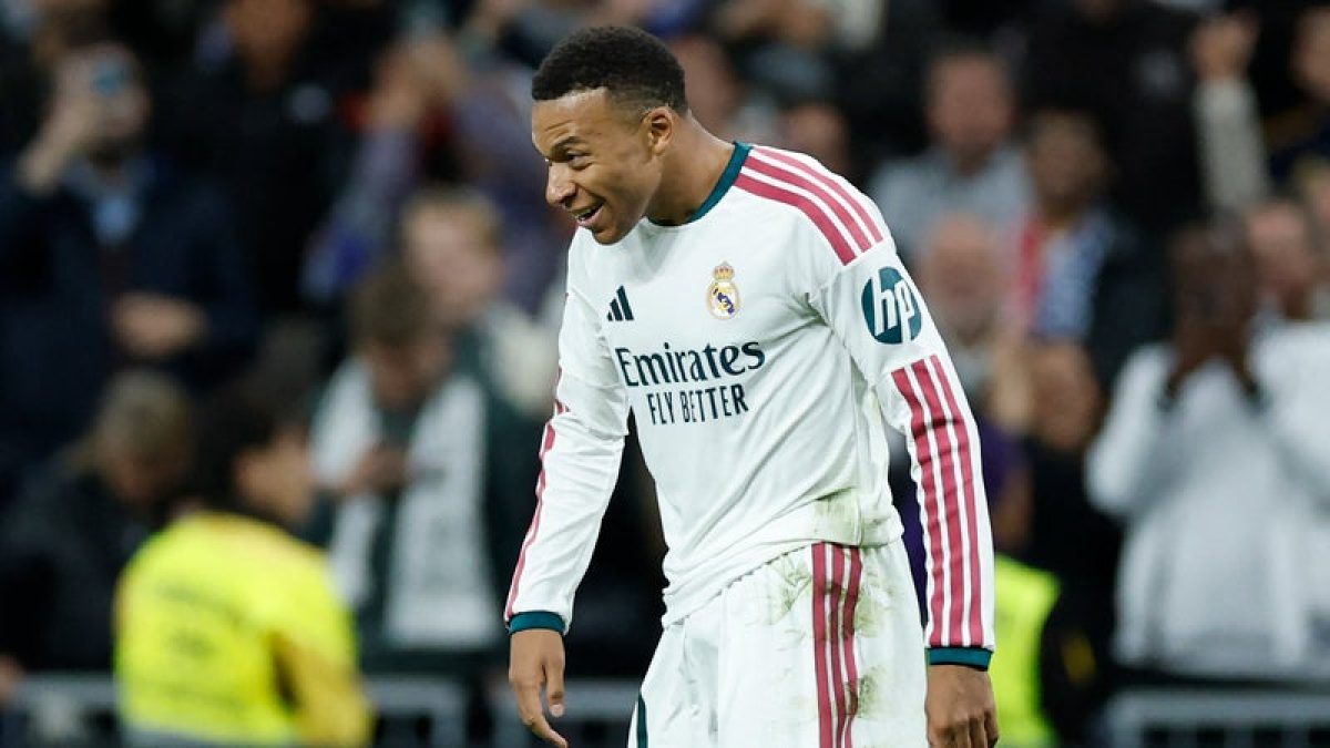 Kylian Mbappé celebrating for Real Madrid during the 4-1 Liga win over Séville
