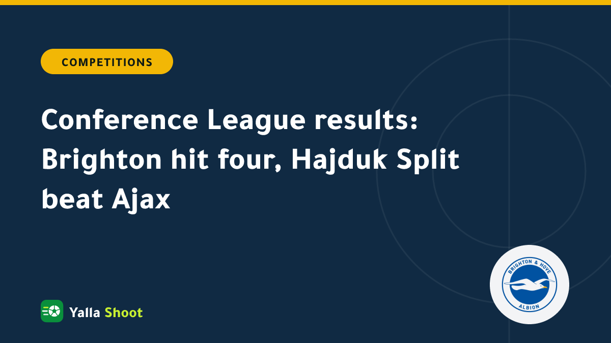 Illustrated cover of the Conference League trophy with scorelines from the opening round of the league phase
