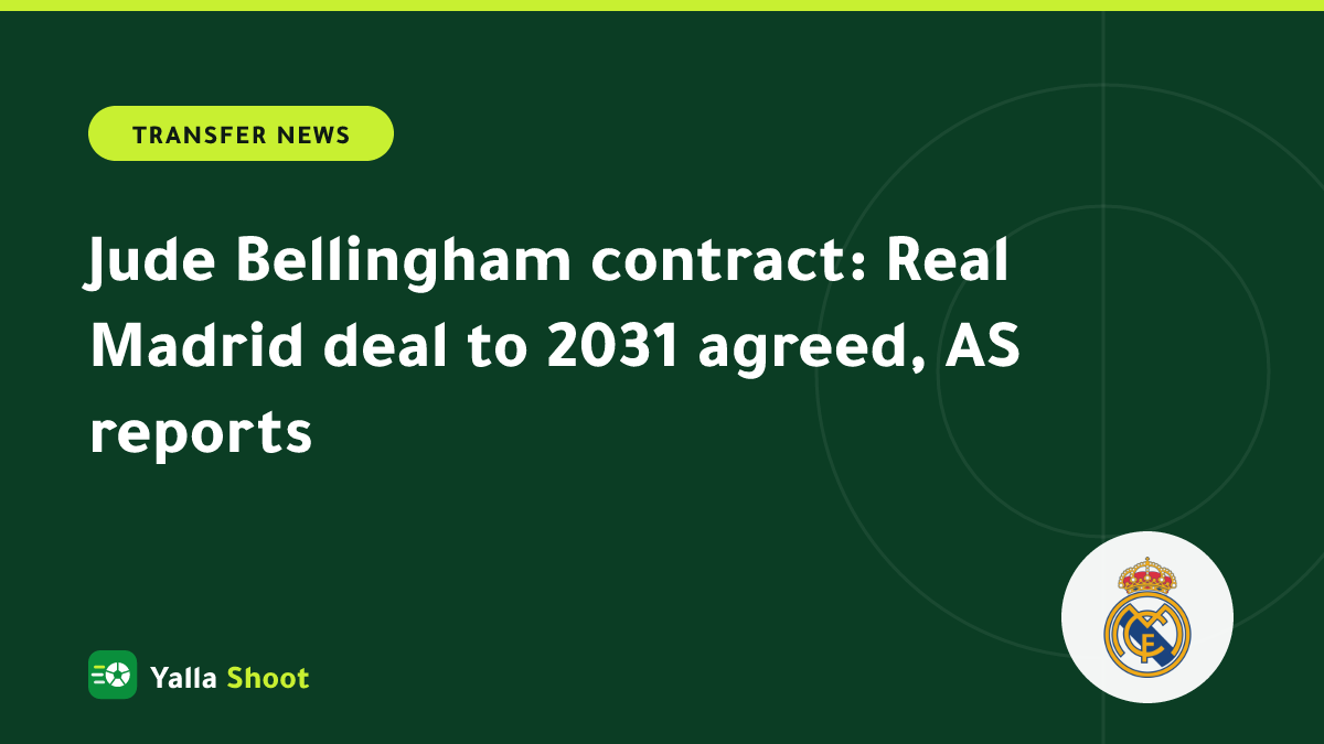 Illustrated cover of Jude Bellingham in a white kit beside a contract and 2031 graphic