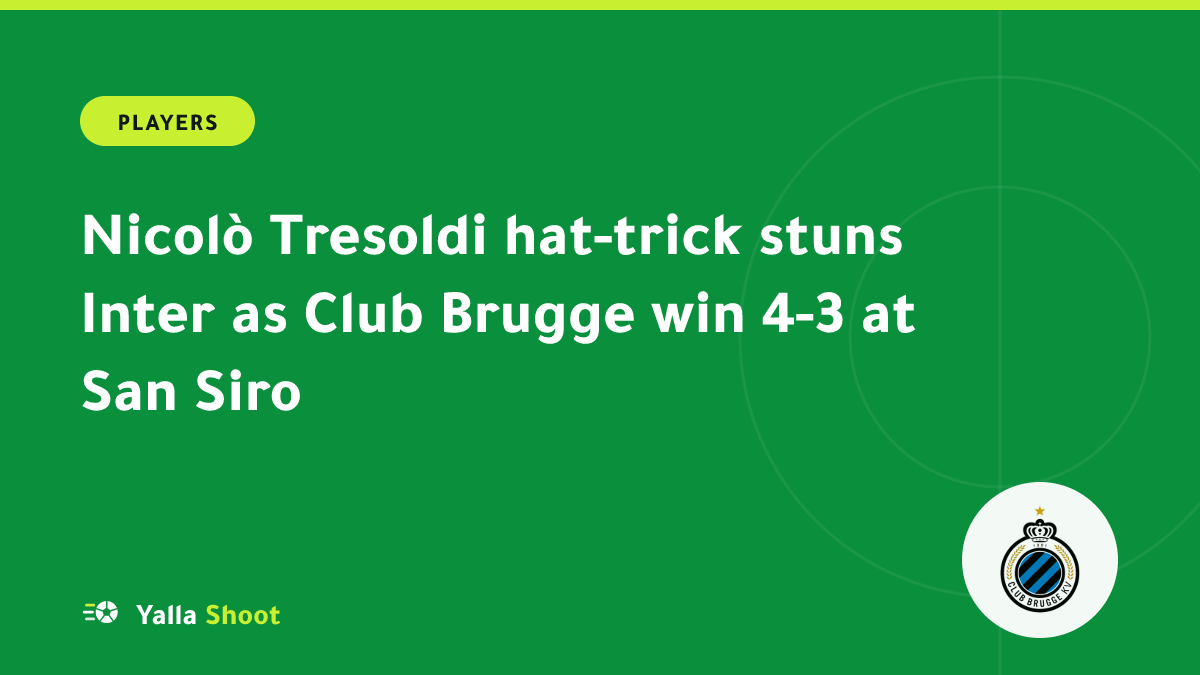 Illustrated cover of Nicolò Tresoldi in Club Brugge kit celebrating a hat-trick at San Siro