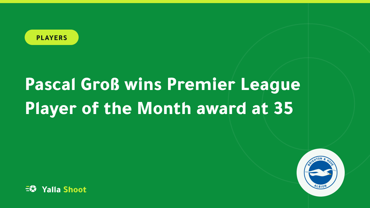 Illustrated cover of Pascal Groß in Brighton kit holding a Player of the Month trophy
