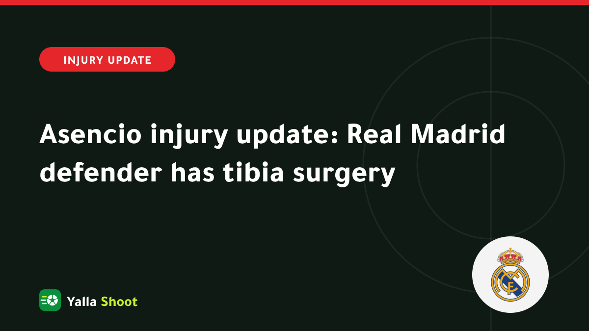 Illustrated cover of Real Madrid defender Raúl Asencio with a protected right leg after tibia surgery